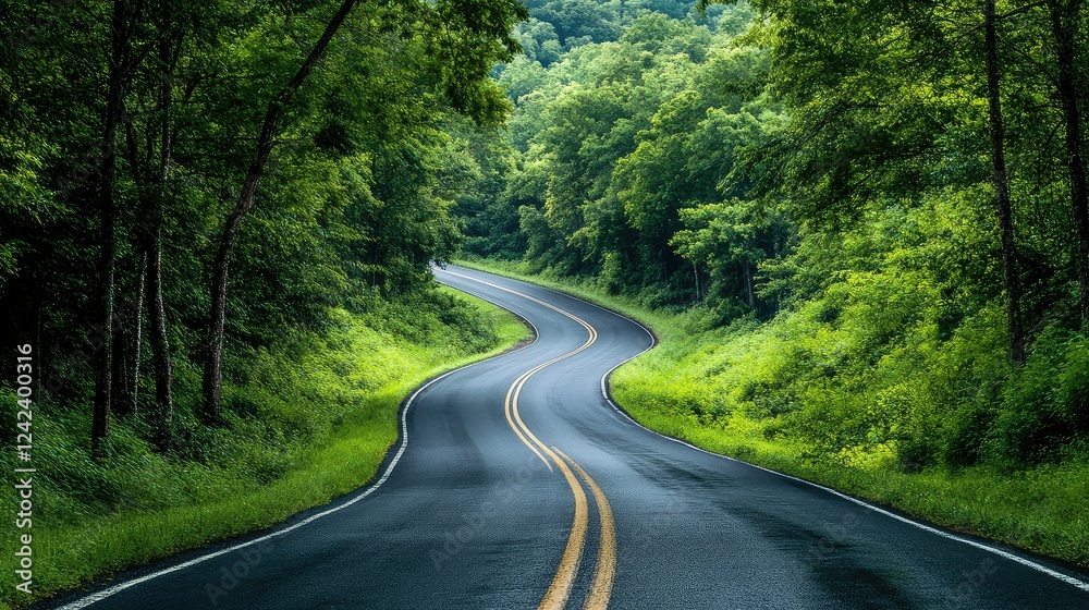 Obraz premium Scenic Winding Road Surrounded by Lush Greenery and Trees in a Serene Natural Landscape Perfect for Travel and Adventure Enthusiasts