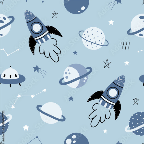 Seamless pattern with cute space, planets, stars, ufo, constellations, rockets, saturn on light blue background. Creative kids texture for fabric, prints, wallpaper, decorations, textiles.