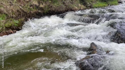 Fast mountain river with pure clear water running among large stones