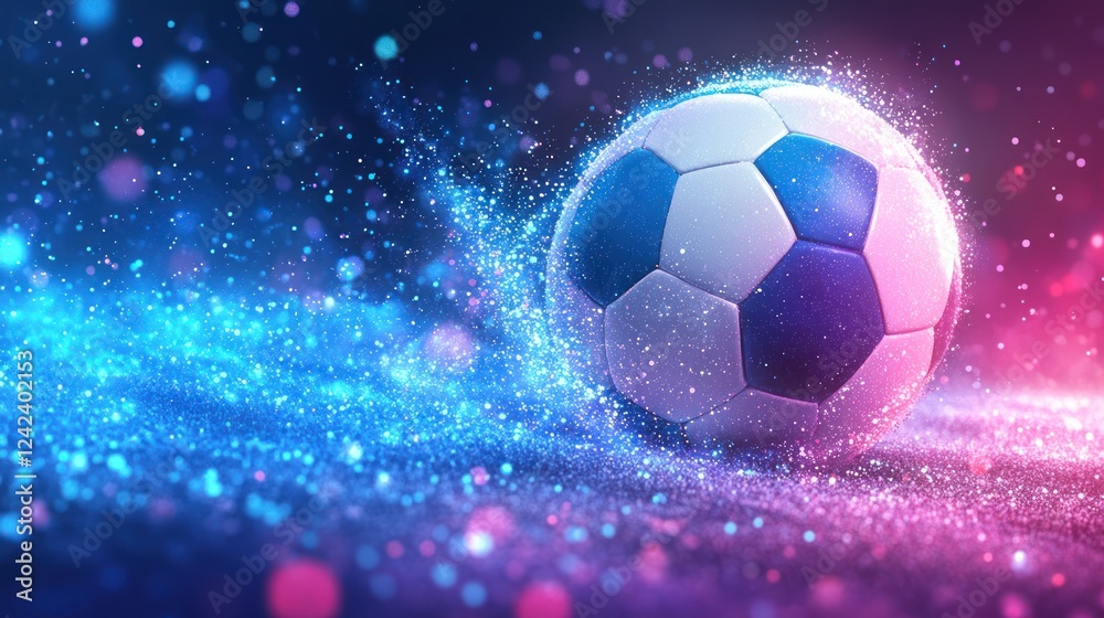 Naklejka premium Glowing soccer ball in motion with vibrant particles.