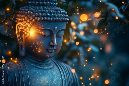 Serene Buddha statue, garden night, glowing