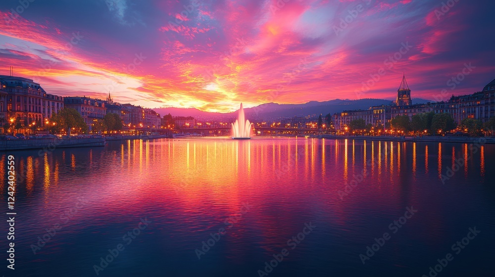 Fototapeta premium Vibrant sunset over city lake with fountain.
