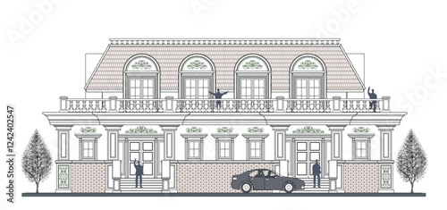 Facade of 2 storeys symmetrical modern classic building with 2 doors, 9 windows, 6 columns, balustrade, frames, decoration, stairs, balcony, canopy, curve lines and trapezoidal roof.