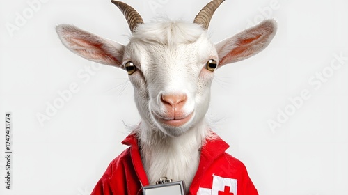 Goat dressed in a doctor s outfit holding a small first aid box set against a pastoral and medical themed composition in a rural countryside setting photo