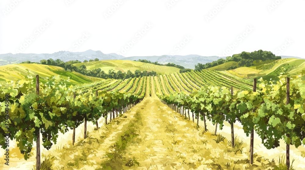 Fototapeta premium Lush Vineyard Landscape with Rows of Grapevines and Rolling Hills Under a Clear Sky