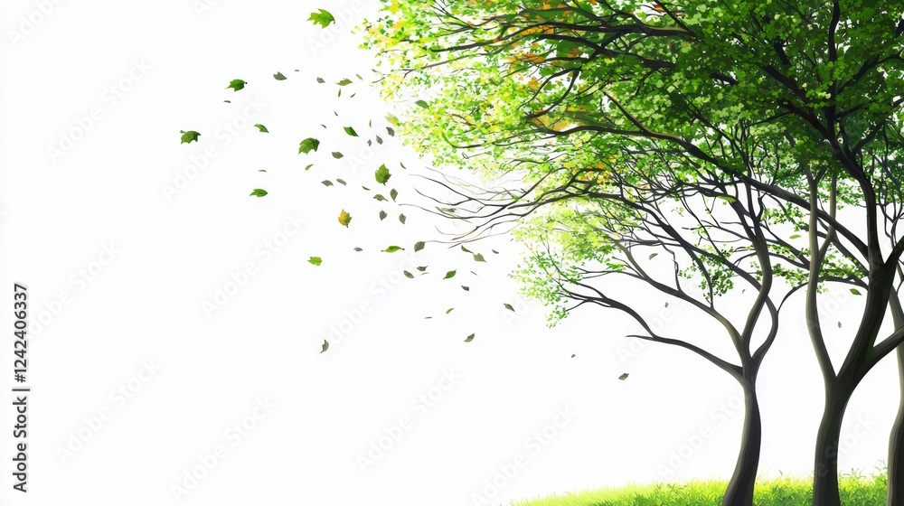 Obraz premium Gentle Wind Carrying Leaves from Lush Green Trees Under Bright Clear Sky in Serene Natural Setting