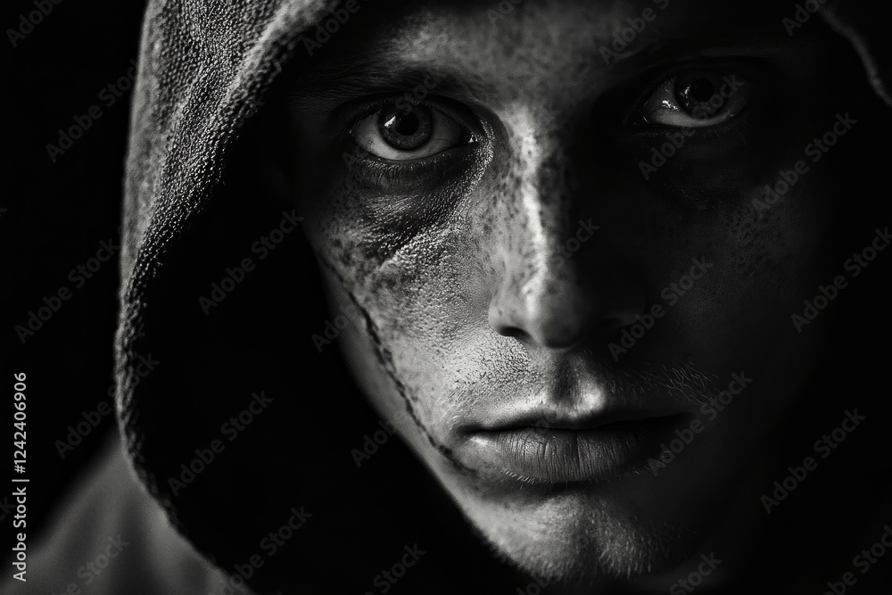 Portrait of a man with scarred face wearing a hoodie with a serious expression. Black background. Close up Portrait of a man with scarred face wearing a hoodie with a serious expression. Black background. Close up