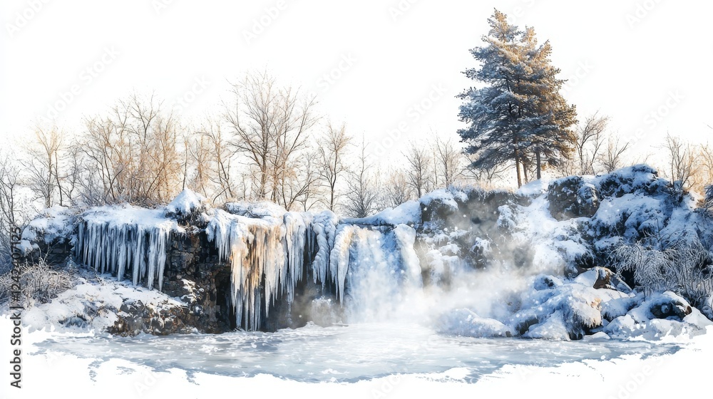 Fototapeta premium Serene Winter Wonderland with Frozen Waterfall and Icicles Surrounded by Snowy Trees and Misty Landscape