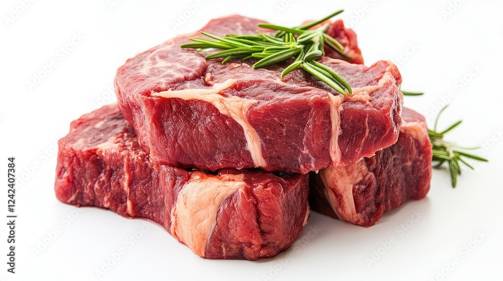 Fresh raw beef steaks with marbling and green rosemary garnishing isolated on white background, perfect for culinary and food photography concepts and recipes. Fresh raw beef steaks with marbling and green rosemary garnishing isolated on white background, perfect for culinary and food photography concepts and recipes.