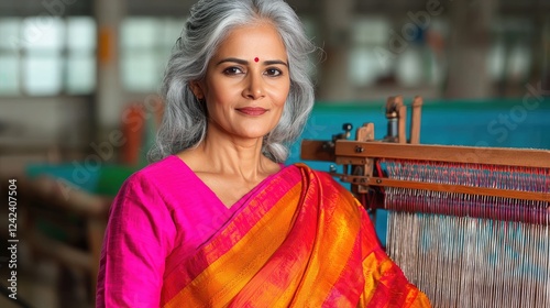 Confident weaver in textile factory, India