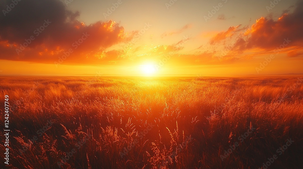Golden sunset over grassy field with cloudy sky Golden sunset over grassy field with cloudy sky
