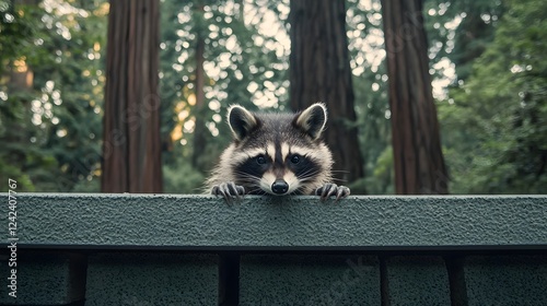 Playful raccoon peeking curiously from behind a blank text area or copy space with a serene forest background featuring tall trees and lush foliage photo