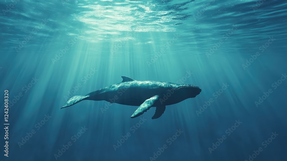 Fototapeta premium Graceful Humpback Whale Swimming in Deep Blue Ocean Light Rays Streaming Through Water Surface Capturing Marine Life Beauty Underwater
