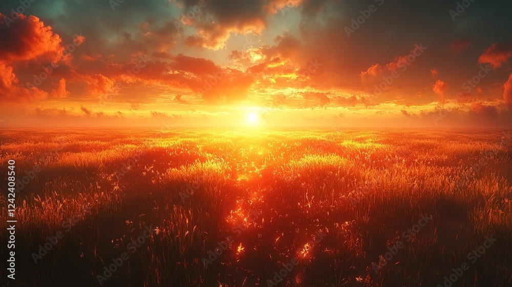 Golden sunset over vast grassy field, dramatic sky Golden sunset over vast grassy field, dramatic sky