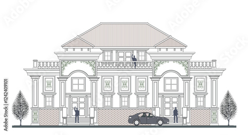 Facade of 2 storeys symmetrical modern classic building with 3 doors, 9 windows, 6 columns, balustrade, frames, decoration, stairs, crowns, canopy and trapezoidal roof.
