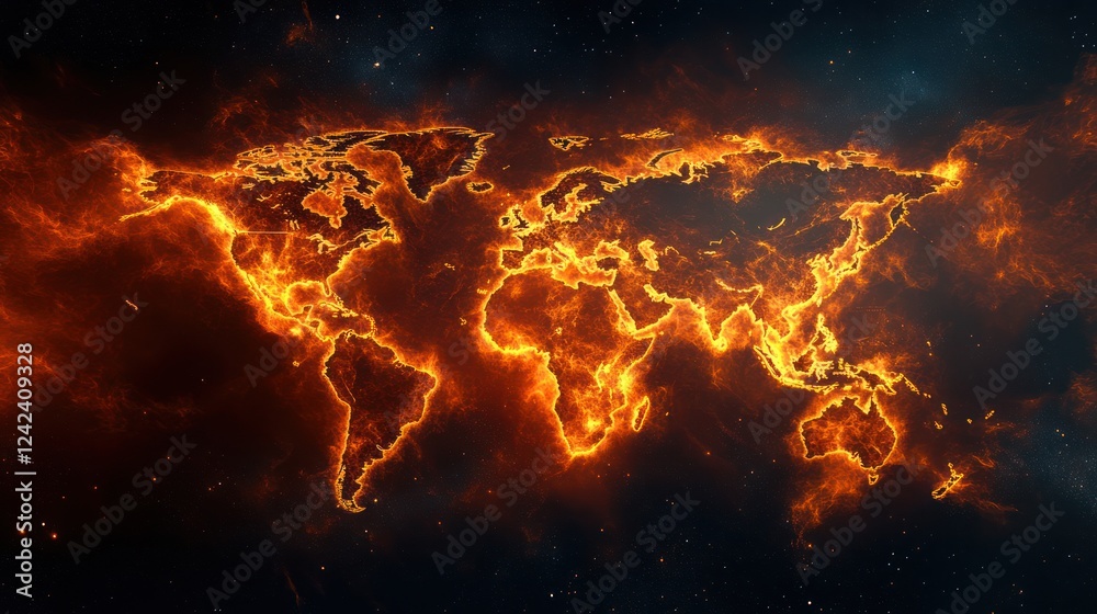 Fiery world map engulfed in flames against a dark space backdrop. Fiery world map engulfed in flames against a dark space backdrop.