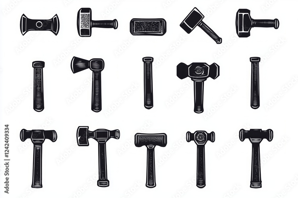Fototapeta premium Vintage Black and White Hand Tools Collection - Hammers and Axes Illustration