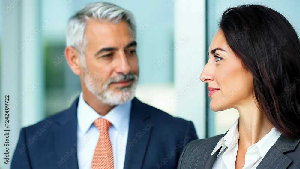 Male and female business couple posing smiling outside of their business office building looking at the camera Male and female business couple posing smiling outside of their business office building looking at the camera