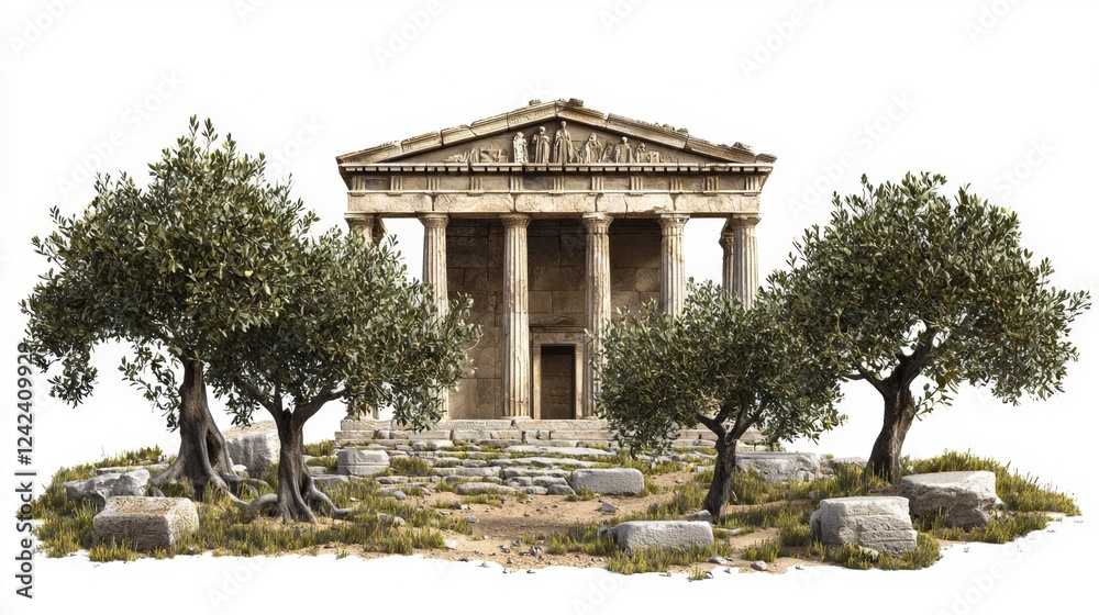 Obraz premium Ancient Greek Temple Surrounded by Olive Trees and Ruins Under Clear Blue Sky in Bright Daylight