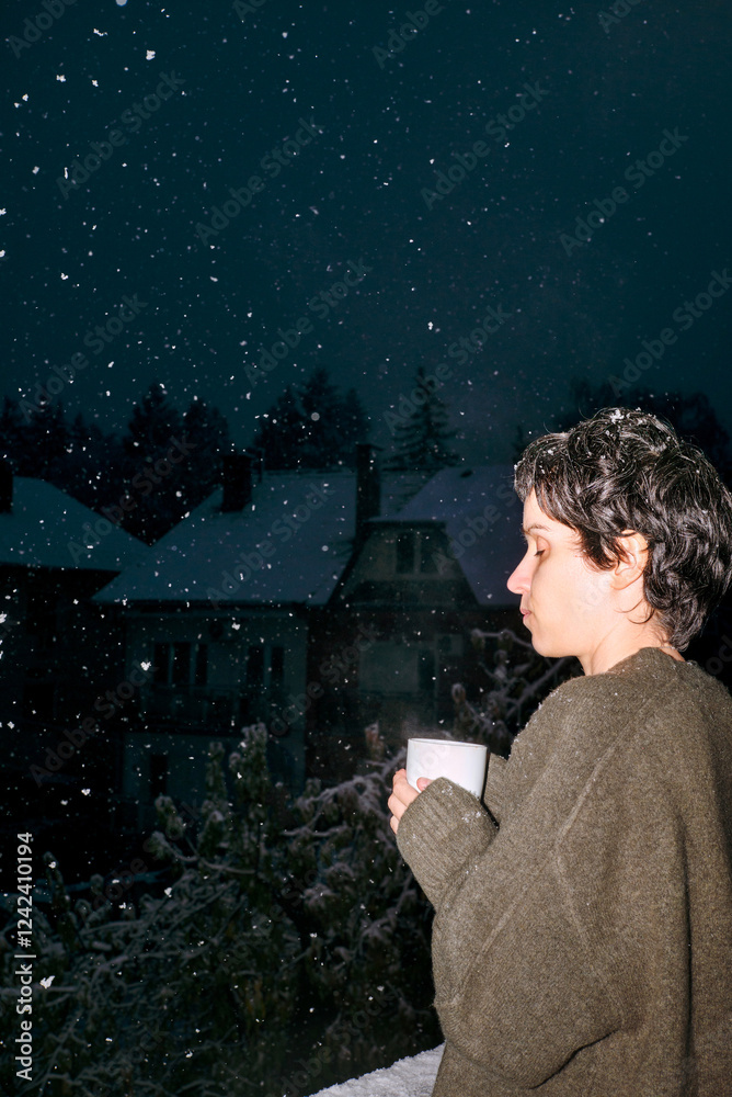 A young woman drinks cocoa standing on a balcony during a snowfall A young woman drinks cocoa standing on a balcony during a snowfall