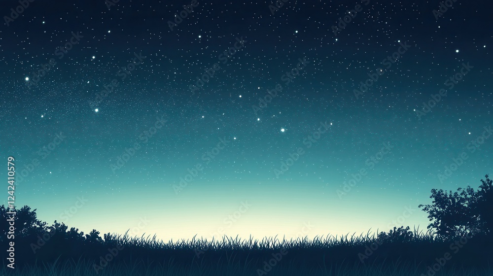 Fototapeta premium Starry Night Sky Over Grassy Field