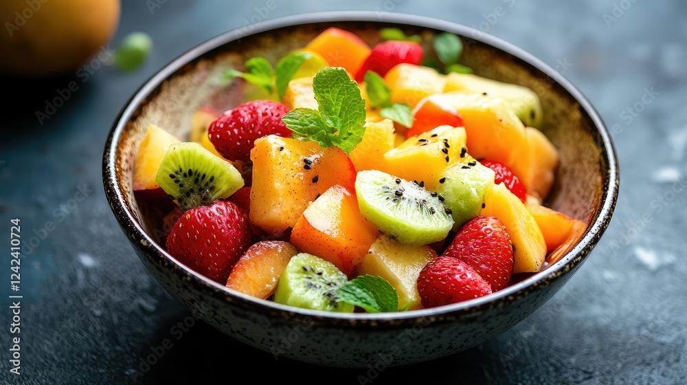 Fresh and Colorful Fruit Salad in a Bowl with Strawberries, Melons, Kiwi, and Mint Leaves for a Healthy Snack or Dessert Option to Savor Fresh and Colorful Fruit Salad in a Bowl with Strawberries, Melons, Kiwi, and Mint Leaves for a Healthy Snack or Dessert Option to Savor