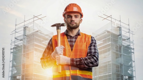 Construction Worker with Hammer Standing Proudly at Building Site under Sunset Light