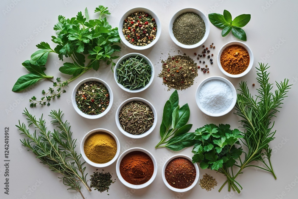 Bird�s Eye View of Colorful Herbs and Spices on a Plain Background: Essential Ingredients for Healthy Dishes Bird�s Eye View of Colorful Herbs and Spices on a Plain Background: Essential Ingredients for Healthy Dishes
