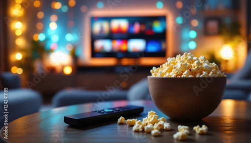 Cozy home movie night with bowl of popcorn and remote in living room