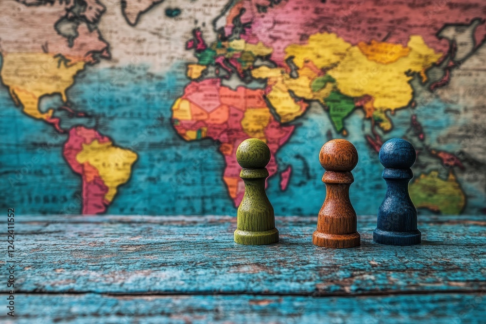 Three pawns stand before a world map. Illustrates global competition, teamwork, or strategy. Three pawns stand before a world map. Illustrates global competition, teamwork, or strategy.