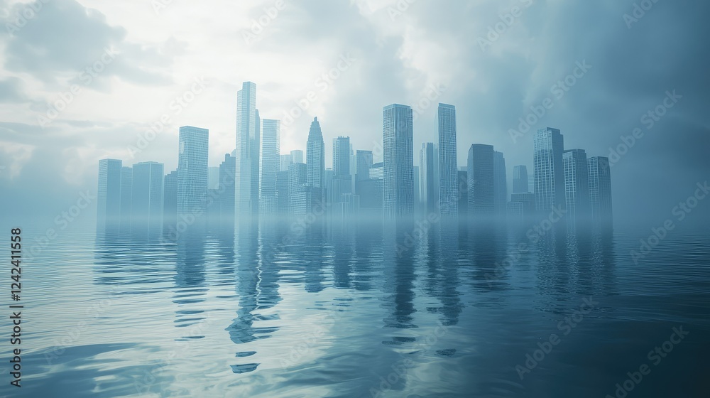 Ethereal Urban Landscape with Skyscrapers Emerging from Mist over Calm Water in a Dreamlike Cityscape at Dusk with Atmospheric Scene Ethereal Urban Landscape with Skyscrapers Emerging from Mist over Calm Water in a Dreamlike Cityscape at Dusk with Atmospheric Scene