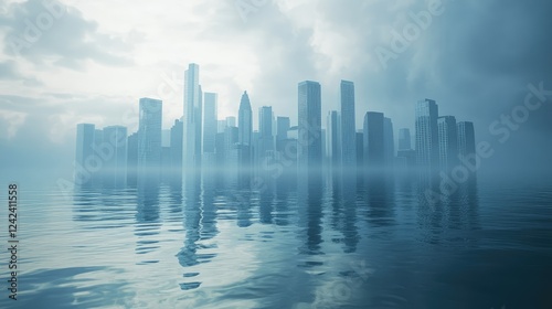 Ethereal Urban Landscape with Skyscrapers Emerging from Mist over Calm Water in a Dreamlike Cityscape at Dusk with Atmospheric Scene