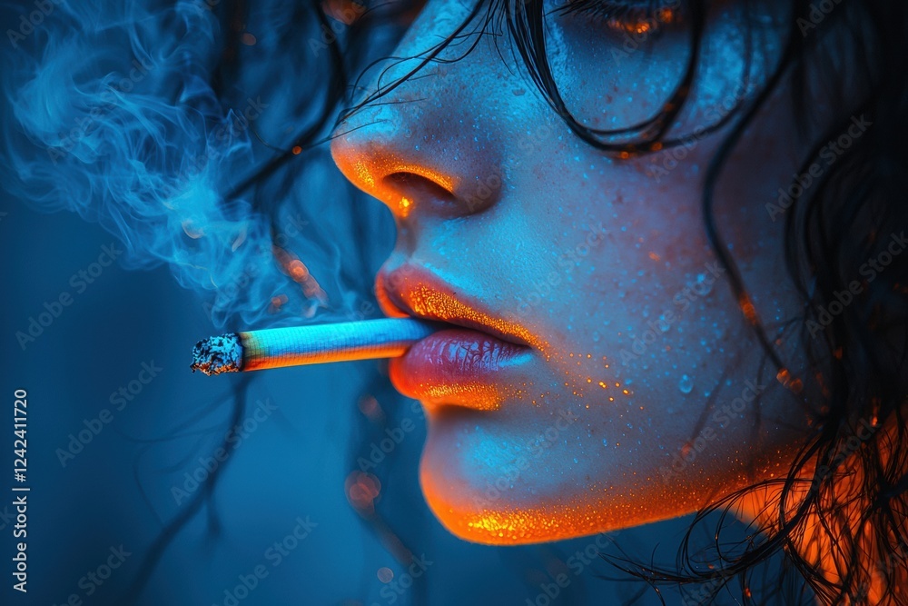 Obraz premium Smoky Haze: A close-up portrait of a young woman with wet hair, bathed in a contrasting blue and orange light, captures her as she inhales a cigarette.
