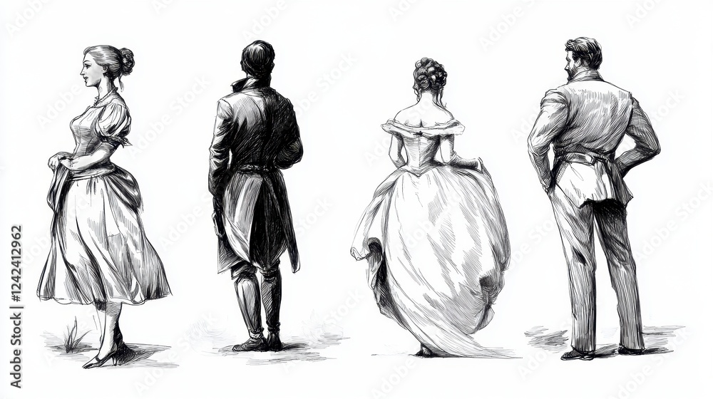 Obraz premium Elegant Sketch of Vintage Fashion from the 19th Century Art Style