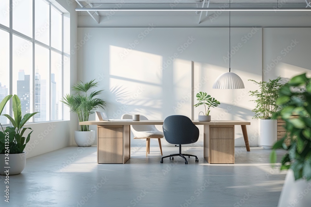 Bright Minimalistic Workspace Interior for Presentations with Soft Focus and Sleek Design Bright Minimalistic Workspace Interior for Presentations with Soft Focus and Sleek Design