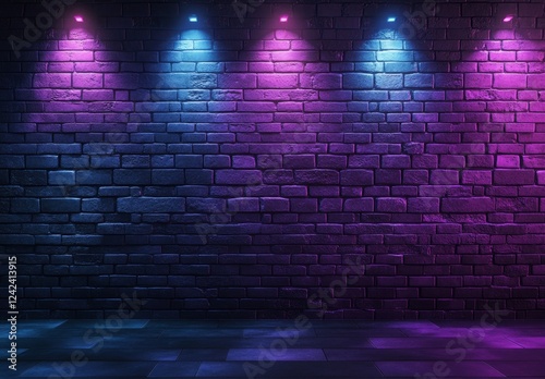 Neon lights illuminate brick wall, stage background