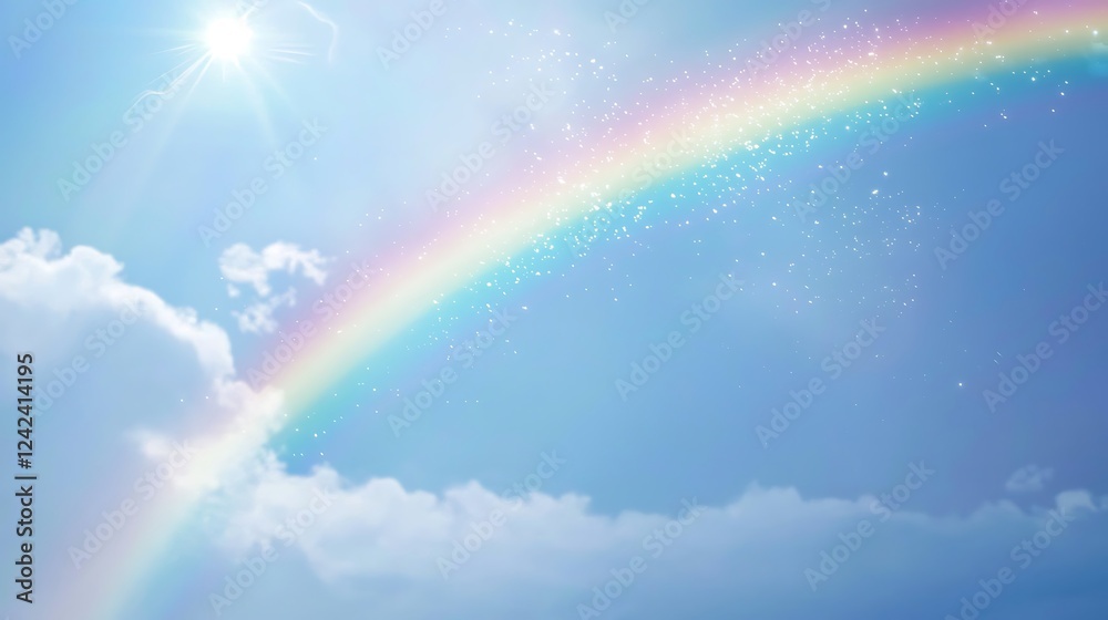 A rainbow is seen in the sky with a blue background A rainbow is seen in the sky with a blue background