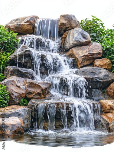Serene Artificial Waterfall Flowing Over Rocks Surrounded by Lush Green Foliage in a Tranquil Setting