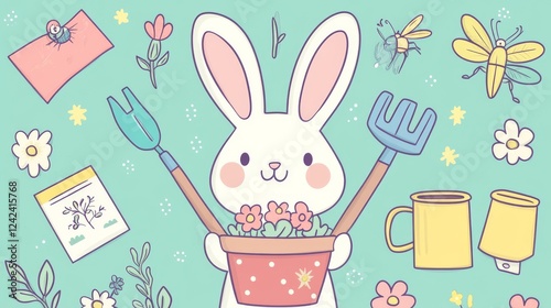 114.A charming set featuring a bunny with rosy cheeks holding a flower pot, accompanied by garden accessories like trowels, seed packets, watering cans, and lively insects, all depicted in a colorful