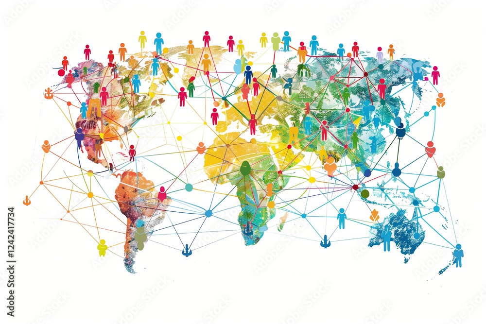 Fototapeta premium Global network connecting diverse people across colorful world map. Social connection concept