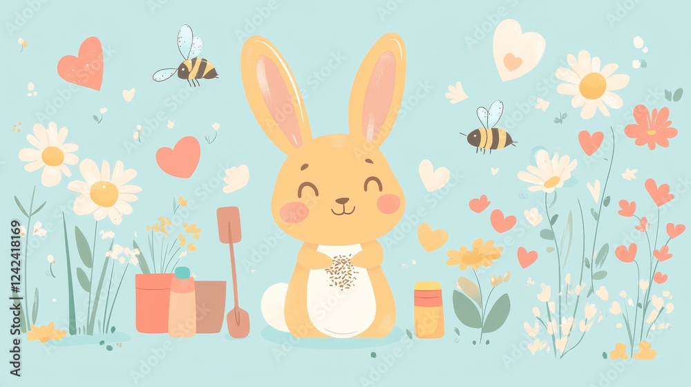 Obraz premium 112.A kawaii illustration set of a happy bunny planting seeds with a small shovel, surrounded by garden supplies, blooming flowers, buzzing bees, and tiny hearts, all rendered in a bright and tidy