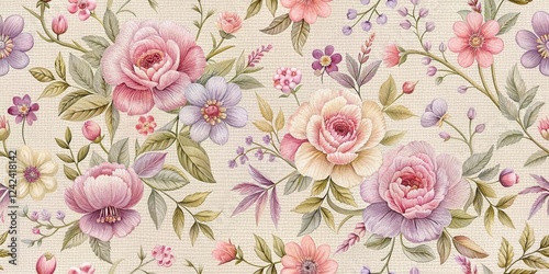 Elegant Pastel Floral Textile Design Featuring Roses and Delicate Blooms
