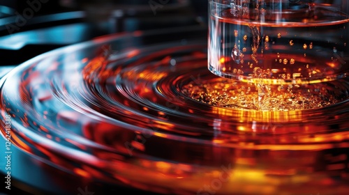 A closeup focuses on the reactors stirring mechanism displaying a robust magnetic stirrer engaged in a vigorous mixing action with chemical reagents swirling together to create a vibrant photo