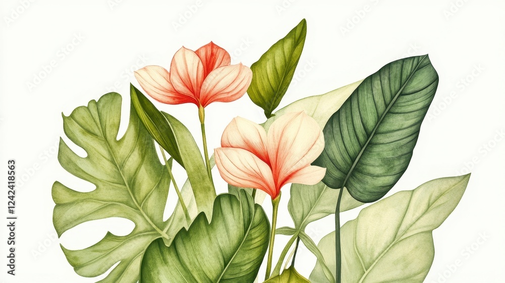 Obraz premium Vibrant Floral Arrangement with Tropical Leaves and Blossoms
