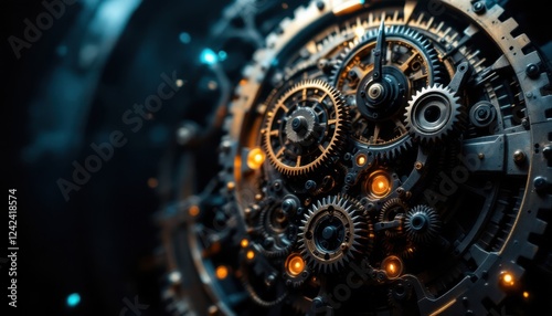 Intricate mechanical clockwork with interlocking gears and glowing lights photo