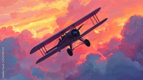 Vintage biplane soaring through colorful sunset clouds in the sky