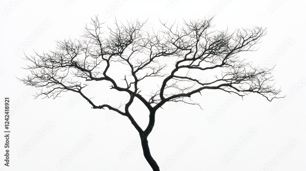 Fototapeta premium Bare tree silhouette against white sky; nature background, design element