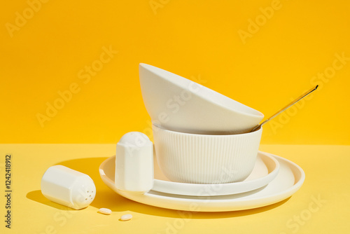 Stack of white dishes on vibrant yellow background photo