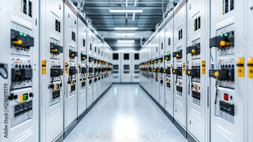 Modern hospital backup power room with advanced electrical panels and equipment