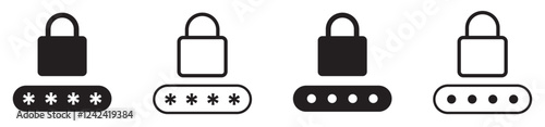Secure password protection icon with padlock and hidden password symbols, cybersecurity authentication and data privacy concept. Password website template. Digital security bar interface. 